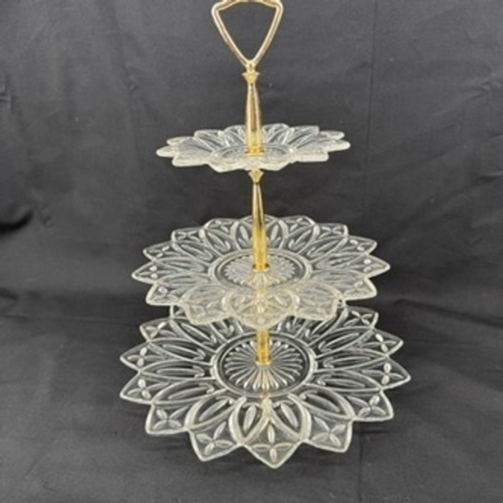 Vintage 3 Tier Pressed Glass Dessert Stand Gold Handle Sunburst Petal Clear